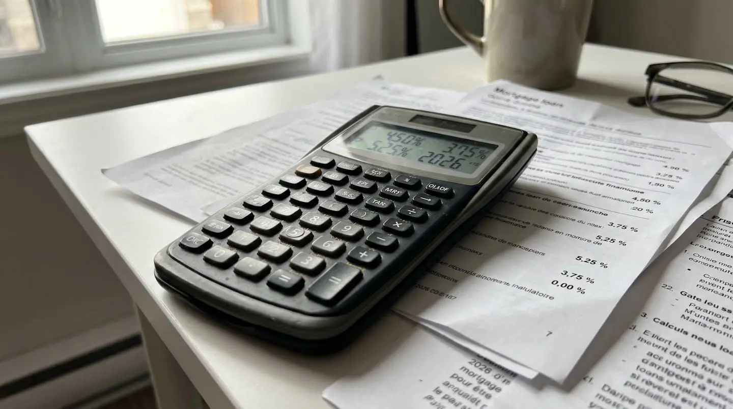 Calculatrice posée sur des documents de prêt immobilier montrant des pourcentages de taux d