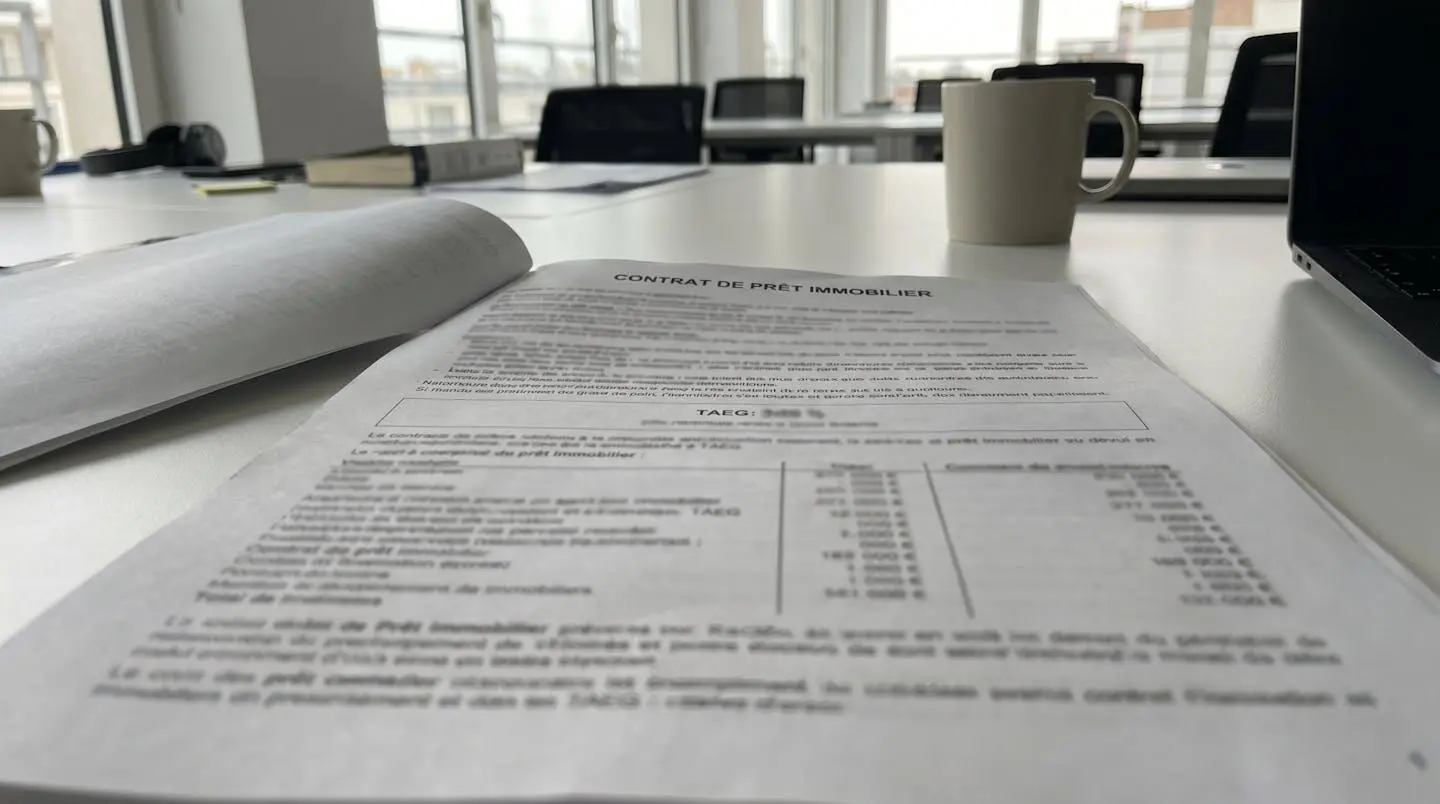 Document de contrat de prêt immobilier ouvert sur la page des conditions générales avec mention du TAEG, posé sur un bureau dans un environnement de travail lumineux