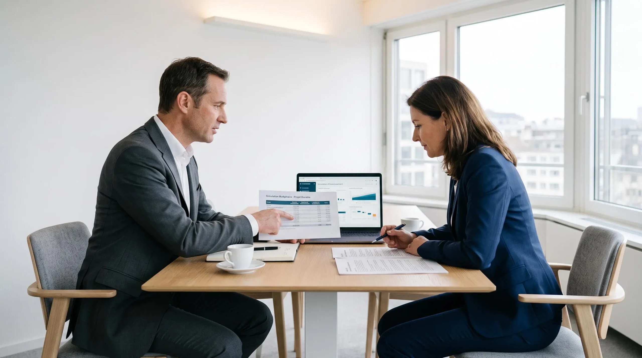 Banquier spécialisé en finance durable et dirigeante d'entreprise assis face à face dans un espace de réunion lumineux, en train d'examiner ensemble un document de simulation budgétaire pluriannuelle avec sources de financement détaillées