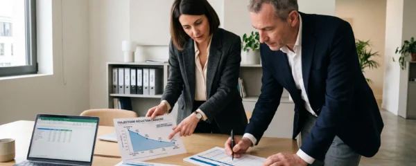 Directeur financier et responsable RSE debout côte à côte devant une table de réunion, en train d'annoter et de pointer ensemble des documents budgétaires et un graphique de trajectoire carbone descendante avec jalons pluriannuels, dans un bureau d'entreprise moderne à la lumière naturelle
