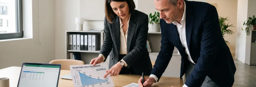 Directeur financier et responsable RSE debout côte à côte devant une table de réunion, en train d'annoter et de pointer ensemble des documents budgétaires et un graphique de trajectoire carbone descendante avec jalons pluriannuels, dans un bureau d'entreprise moderne à la lumière naturelle