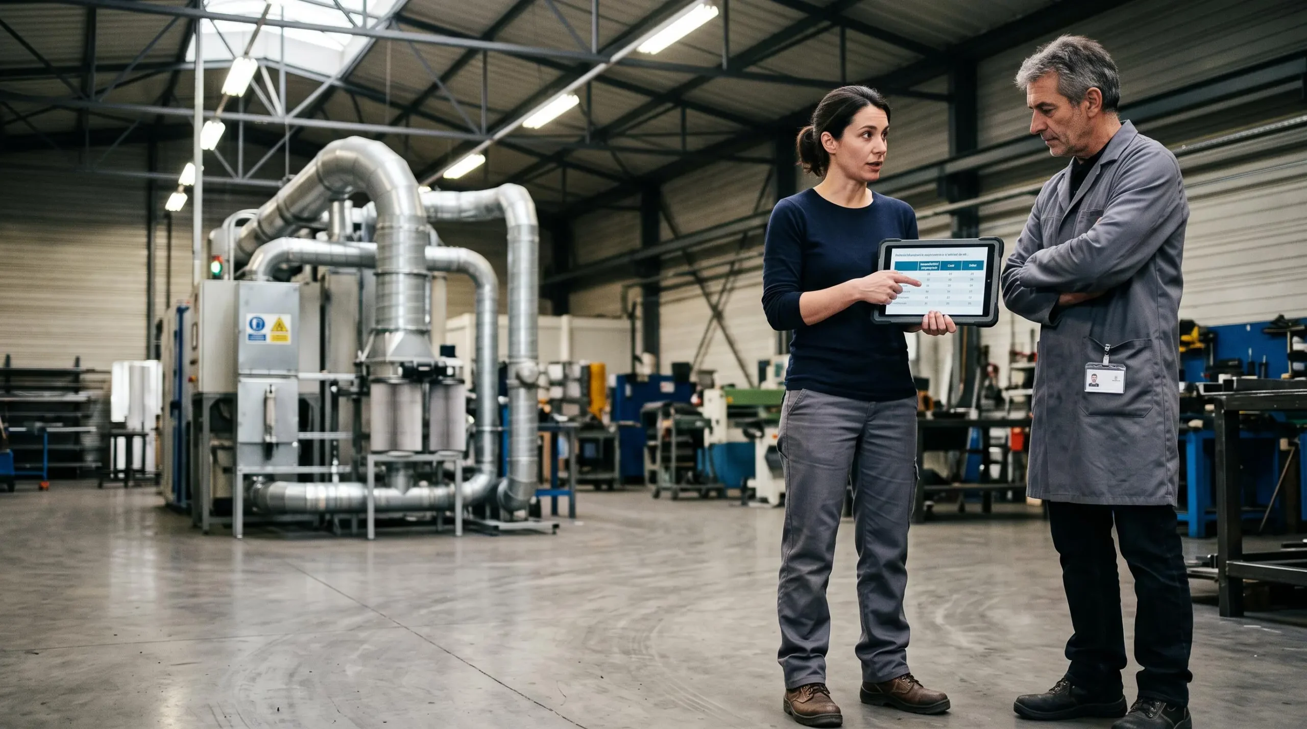 Responsable RSE et directeur de site industriel debout devant une installation technique, en train d'examiner ensemble sur une tablette une matrice de priorisation des investissements décarbonation avec critères impact carbone, coût et délai