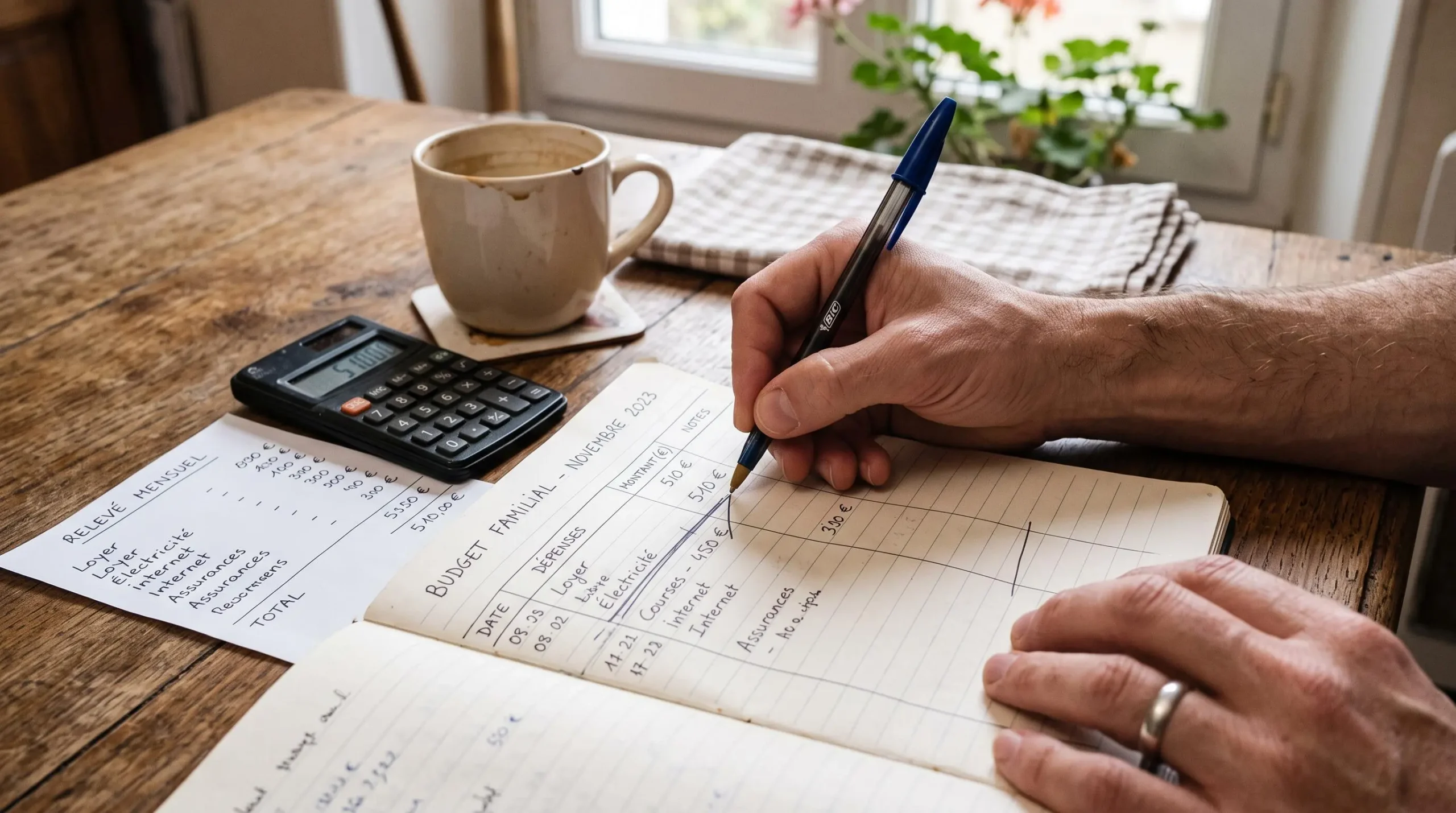 Des mains ajustent une ligne de budget dans un carnet sur une table de cuisine.