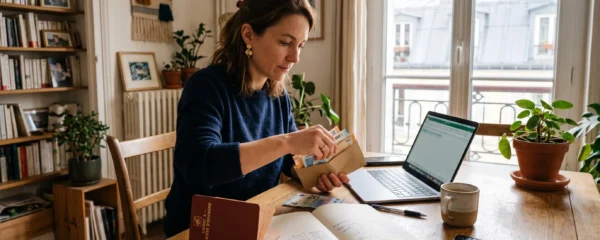 Une femme compte des billets à côté de son livret sur une table.