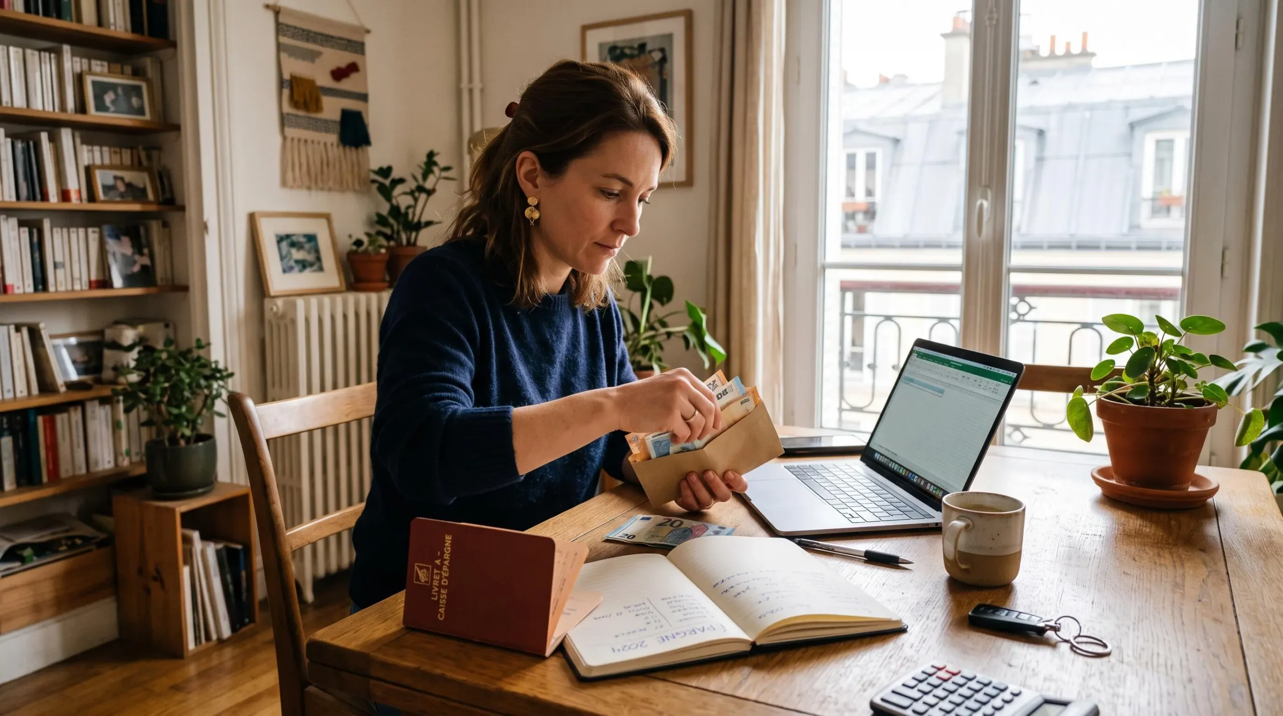 Une femme compte des billets à côté de son livret sur une table.