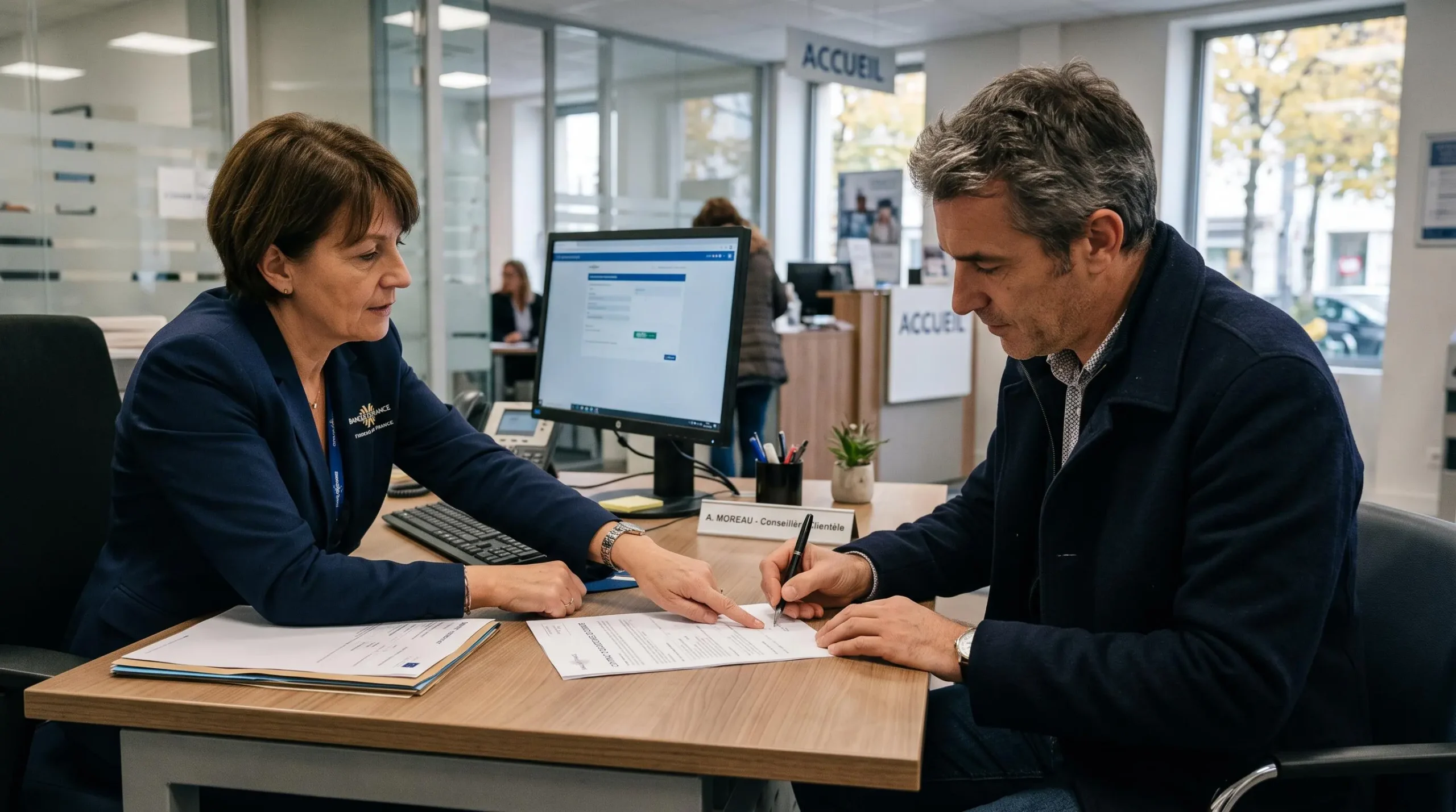 Un homme signe un document au guichet d'une agence bancaire française.